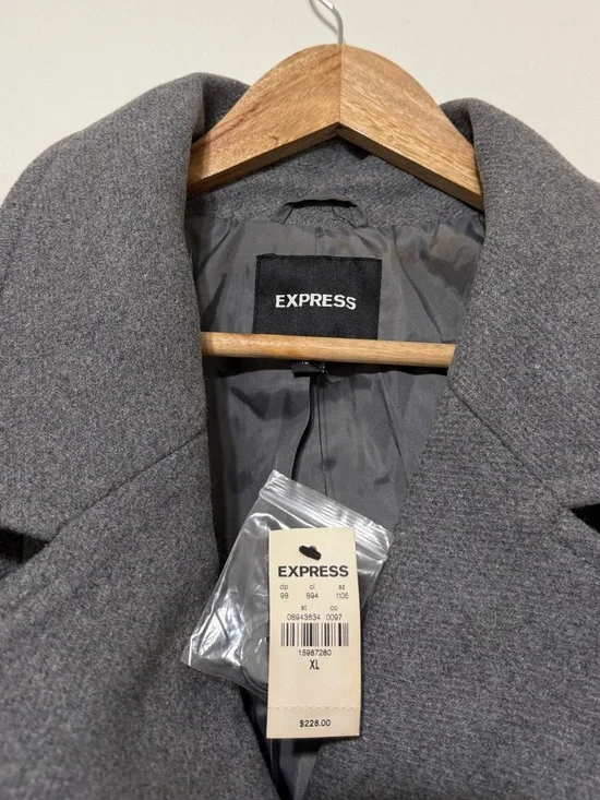 NWT Express Grey Pea Coat Size XL Wool Long Gray Tie NEW Women’s - Picture 4 of 8